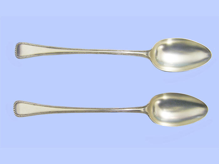 Pair of Victorian Bead Pattern Silver Long Serving Spoons Pair of Victorian Bead Pattern Silver Long Serving Spoons