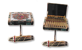 18K Gold Cufflinks with Hinged Cigar Box & Ten Miniature Cigars