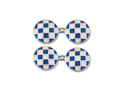 Silver Blue & White 'Chequer' Enamel Cufflinks