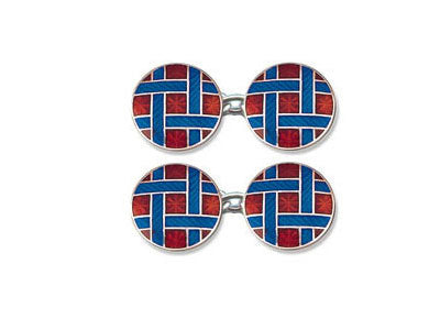 Silver Round Red Enamel Cufflinks With Blue Lattice Silver Round Red Enamel Cufflinks With Blue Lattice