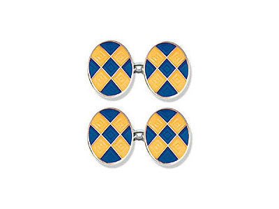 Silver Blue & Yellow Diamond-Pattern Enamel Cufflinks