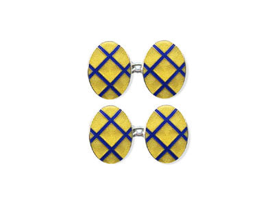 Silver Yellow Enamel Cufflinks with Blue Lattice