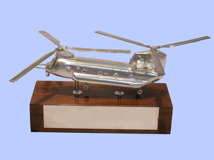 Silver Model of the Boeing Chinook Mk6 Helicopter