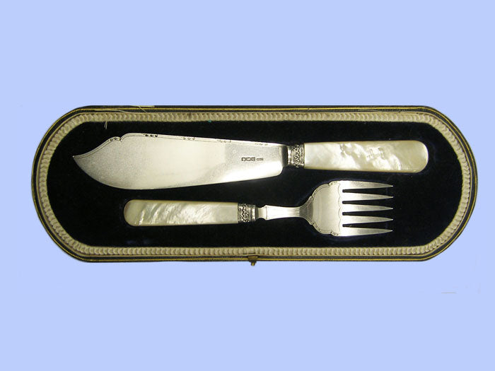 Pair of Silver Fish Servers with Mother of Pearl Handles