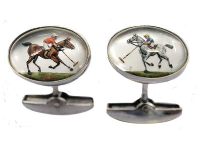 'Polo Players on Horses' <br> New Handmade Gold & Rock Crystal Cufflinks