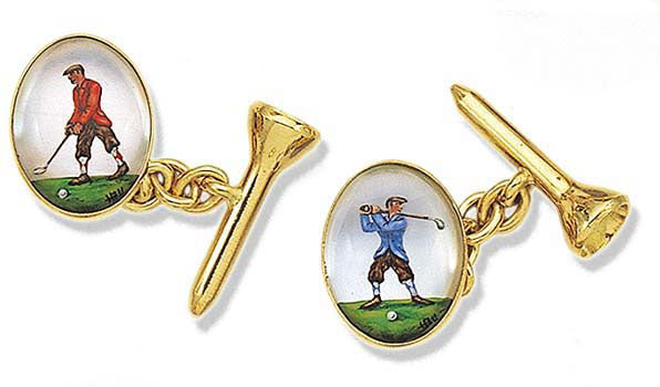 'Male Golfers & Tees' New Gold Rock Crystal Cufflinks