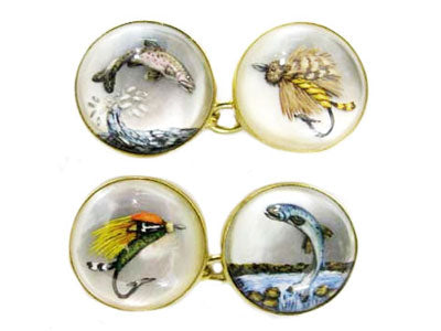 'Leaping Salmon, Trout & Flies' <br> New Handmade Gold & Rock Crystal Cufflinks