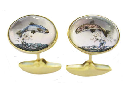'Leaping Salmon & Trout' <br> New Handmade Gold & Rock Crystal Cufflinks
