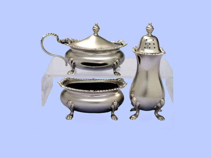 Three Piece 'Gadroon and Shell' Silver Condiment Set