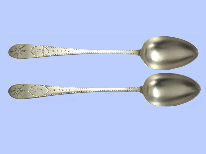 *Irish* - Pair of Antique Brightcut Silver Long Serving Spoons - Sheils