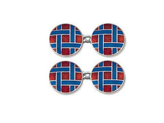 Silver Round Red Enamel Cufflinks With Blue Lattice