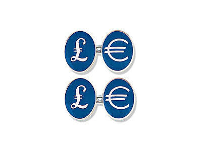 Silver Cufflinks Enamelled with British Pounds and Euro Symbols