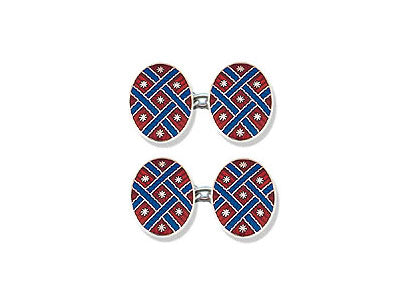 Silver Red Enamel Cufflinks with Blue Lattice