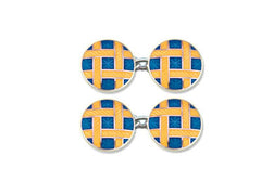 Silver Round Blue Enamel Cufflinks with Yellow Lattice